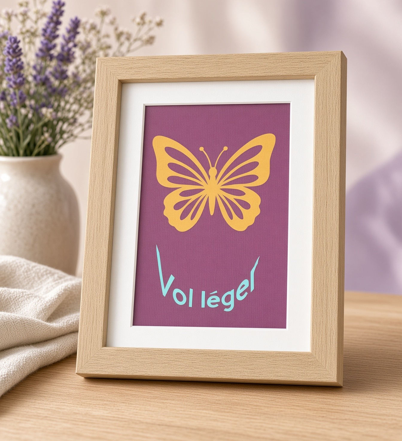 Tableau artisanal Vol léger — Papillon orange sur fond bordeaux, cadre 14,5×20×3 cm motif Chêne, FLAMINGO ART, en France