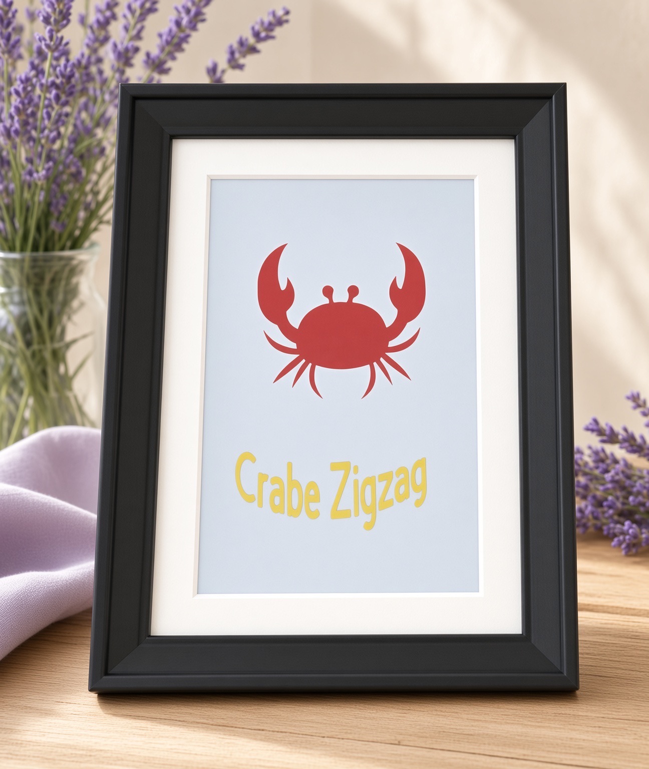 Tableau artisanal Crabe Zigzag — Crabe rouge sur fond gris clair, cadre 15×21×2 cm Blanc, FLAMINGO ART, fait main en France
