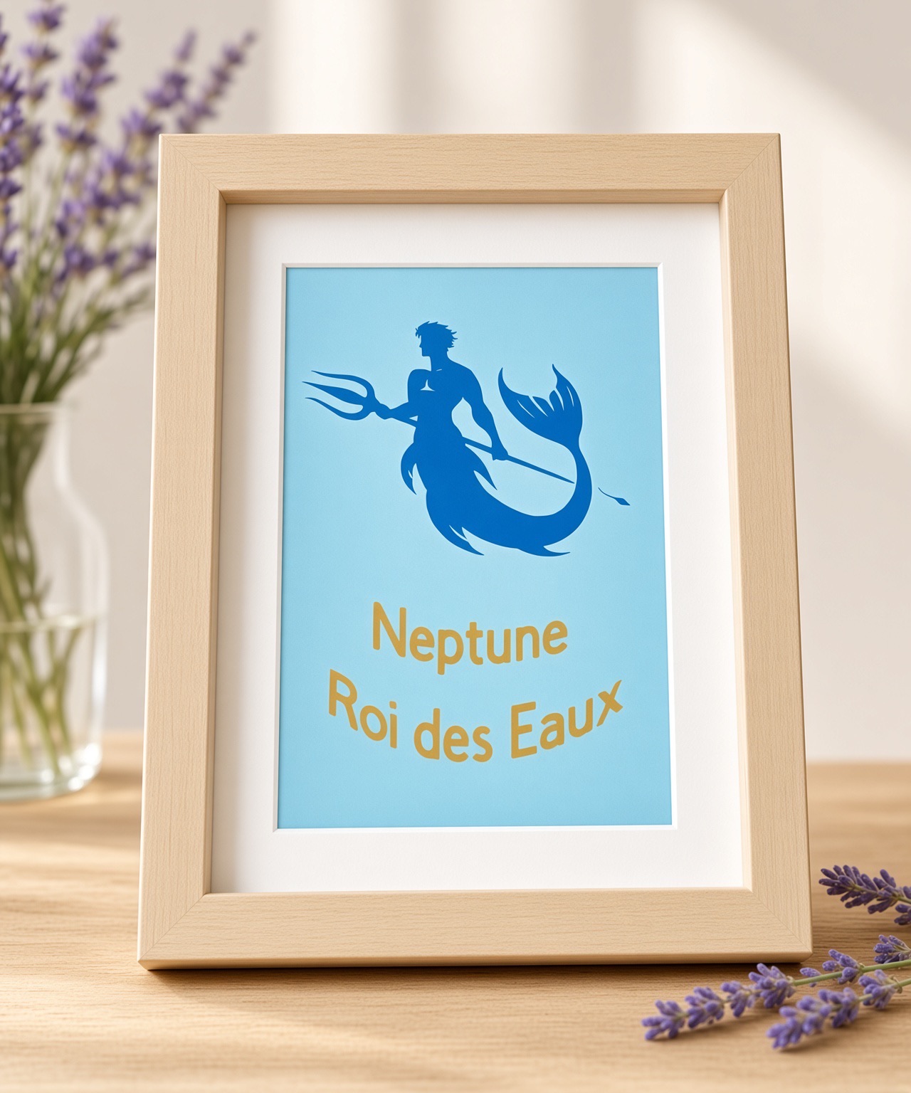 Tableau artisanal Neptune Roi des Eaux — Neptune bleu sur fond bleu clair, cadre 14,5×20×3 cm motif Bouleau, FLAMINGO ART, fait main en France