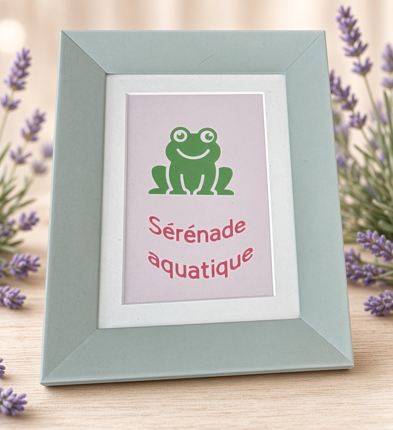 Tableau artisanal Sérénade aquatique — Grenouille verte sur fond rose pâle, cadre 18×23×1,5 cm Gris clair, FLAMINGO ART, en France