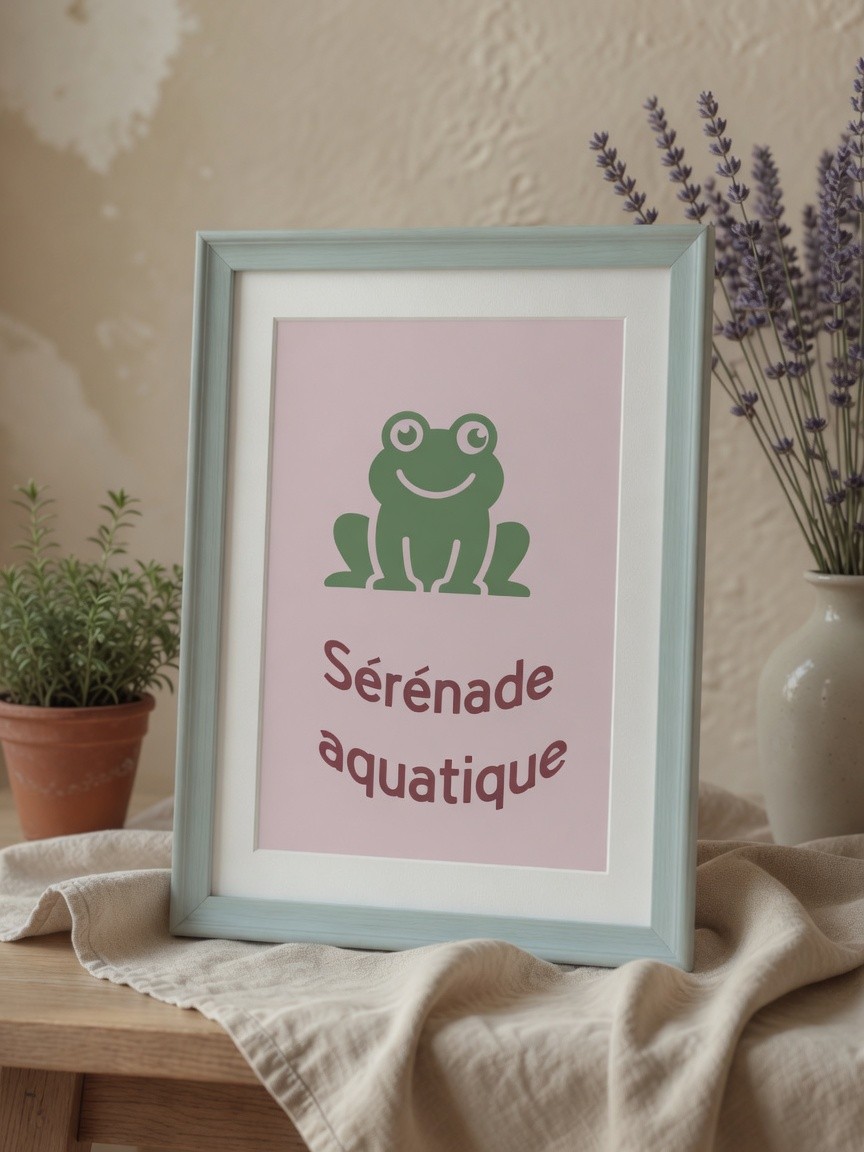 Tableau artisanal Sérénade aquatique — Grenouille verte sur fond rose pâle, cadre 18×23×1,5 cm Gris clair, FLAMINGO ART, fait main en France