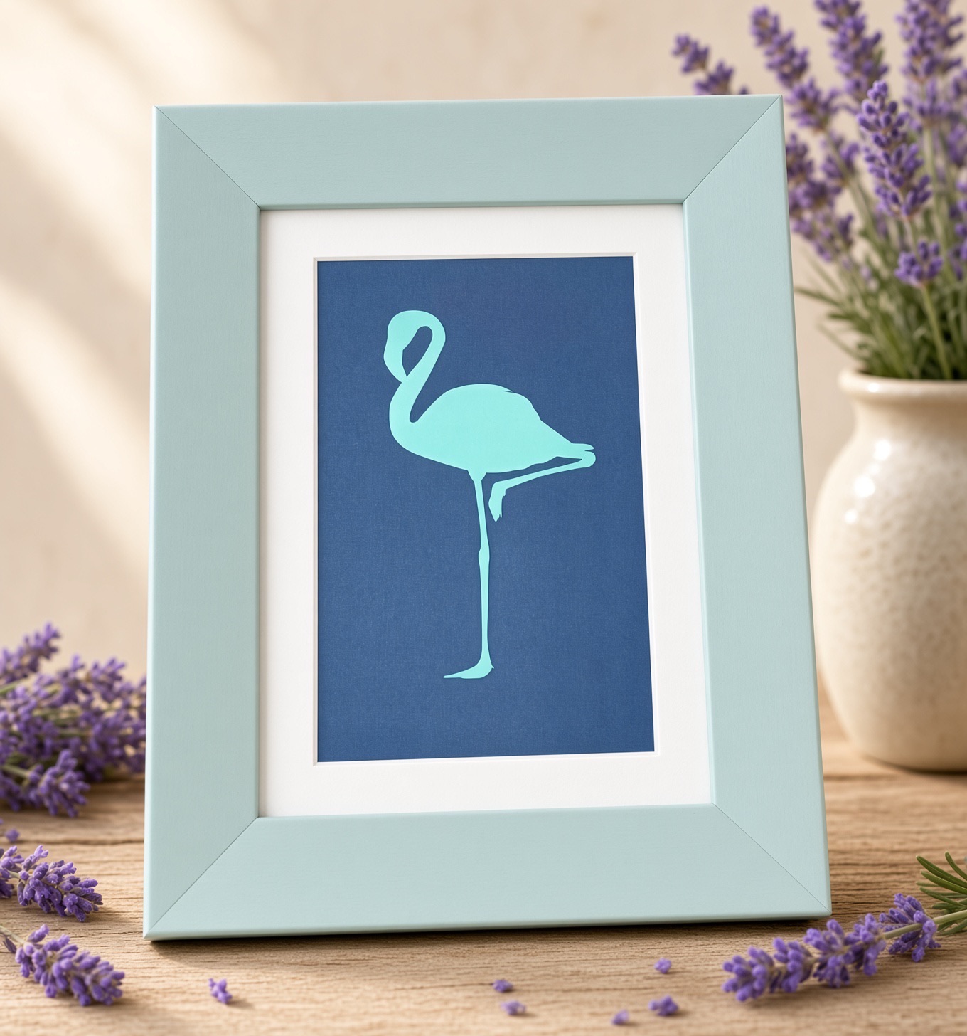 Tableau artisanal Flamant Turquoise sur une patte — Silhouette flamant turquoise sur fond bleu marine, cadre 18×23×1,5 cm Gris, FLAMINGO ART, fait main en France
