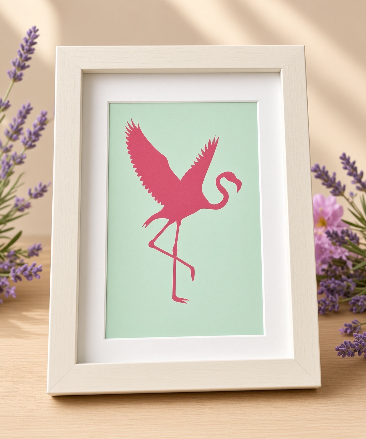 Tableau artisanal Flamant Fuchsia Danseur — Flamant fuchsia sur fond vert clair, cadre 14,5×20×3 cm motif Bouleau, FLAMINGO ART, fait main en France