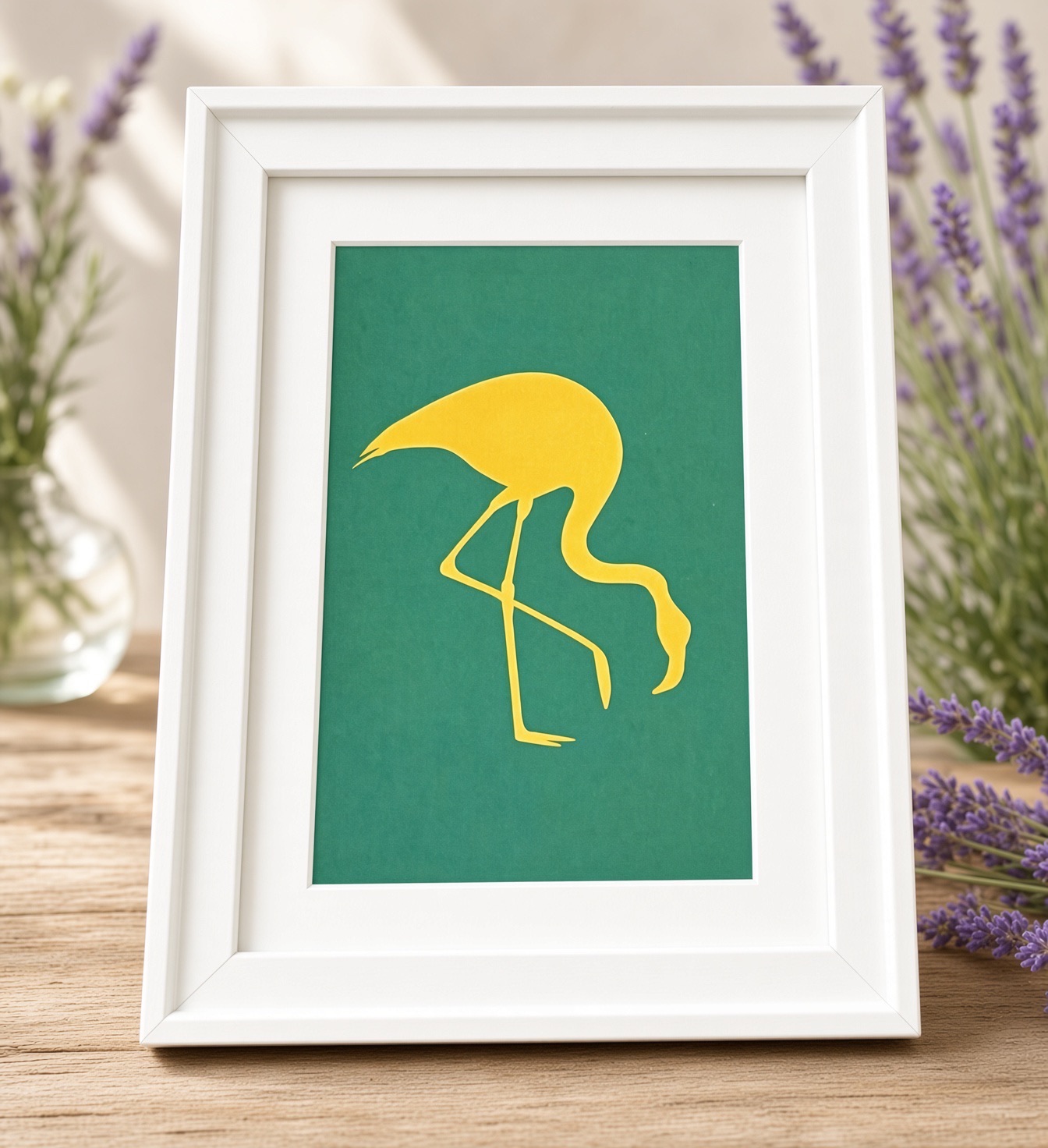 Tableau artisanal Flamant Orange gourmand — Flamant orange sur fond vert, cadre 15×21×2 cm Blanc, FLAMINGO ART, fait main en France