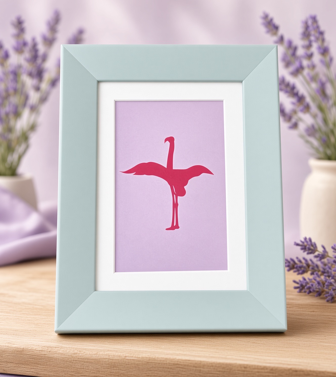 Tableau artisanal Flamant Fuchsia Ailes Ouvertes — Flamant fuchsia sur fond rose pâle, cadre 18×23×1,5 cm Gris, FLAMINGO ART, fait main en France