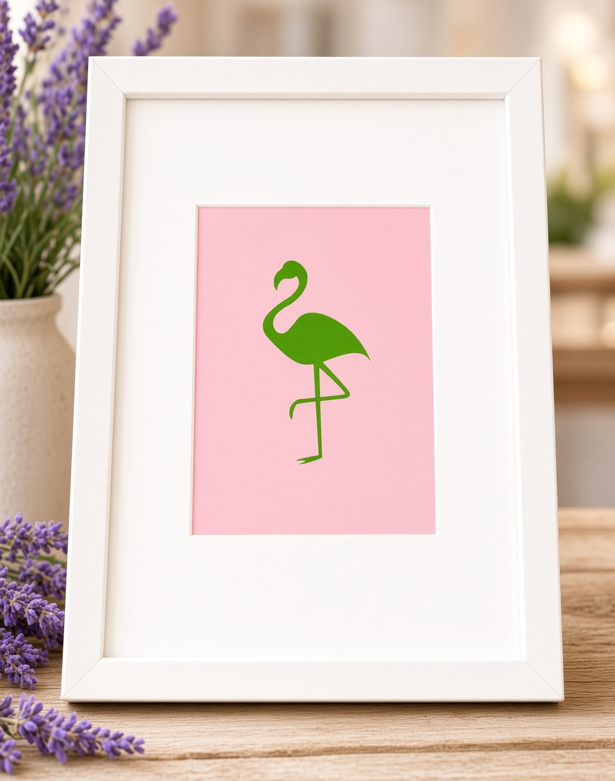 Tableau artisanal Flamant Vert fier — Flamant vert sur fond rose, cadre 23×32×2 cm Blanc, FLAMINGO ART, fait main en France