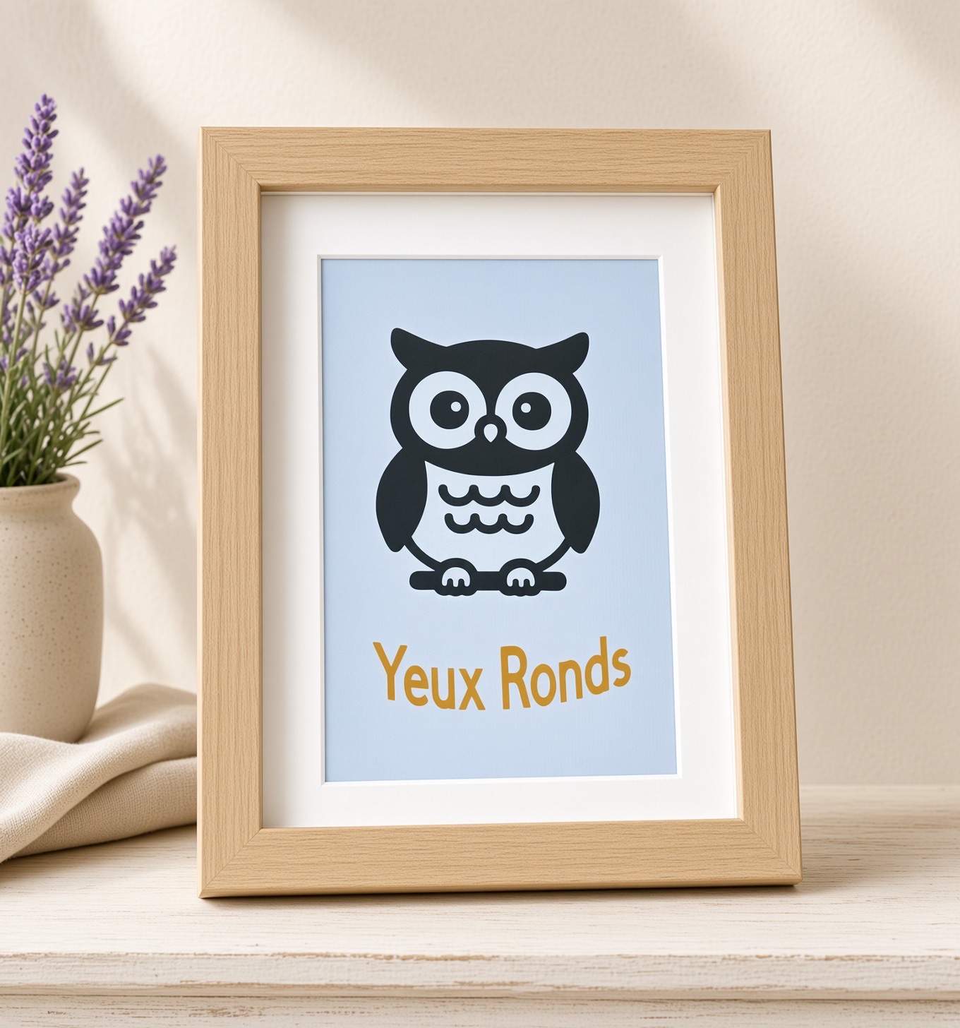 Tableau artisanal Yeux Ronds — Chouette noire sur fond gris-bleu clair, cadre 14,5×20×3 cm motif chêne, FLAMINGO ART, fait main en France