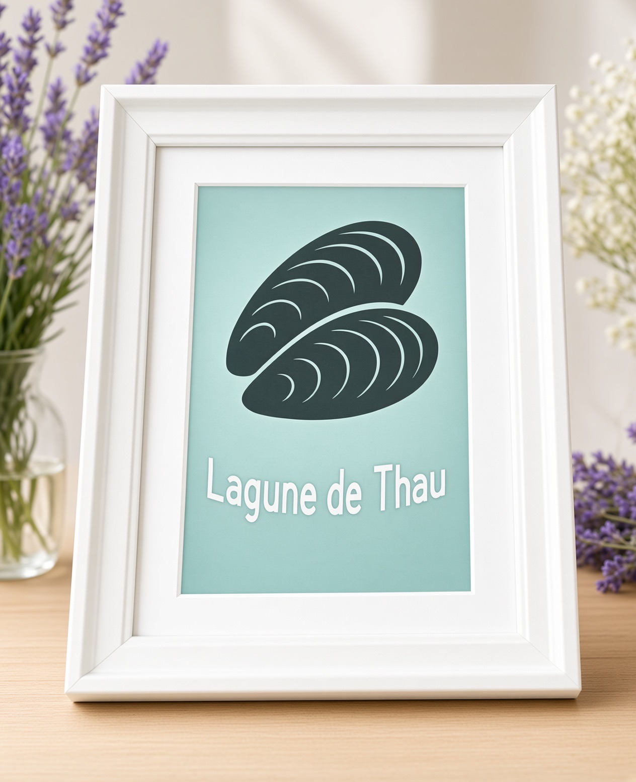 Tableau artisanal Lagune de Thau Moules (x2) — Moules noires sur fond gris-vert, cadre 15×21×2 cm Blanc, FLAMINGO ART, fait main en France