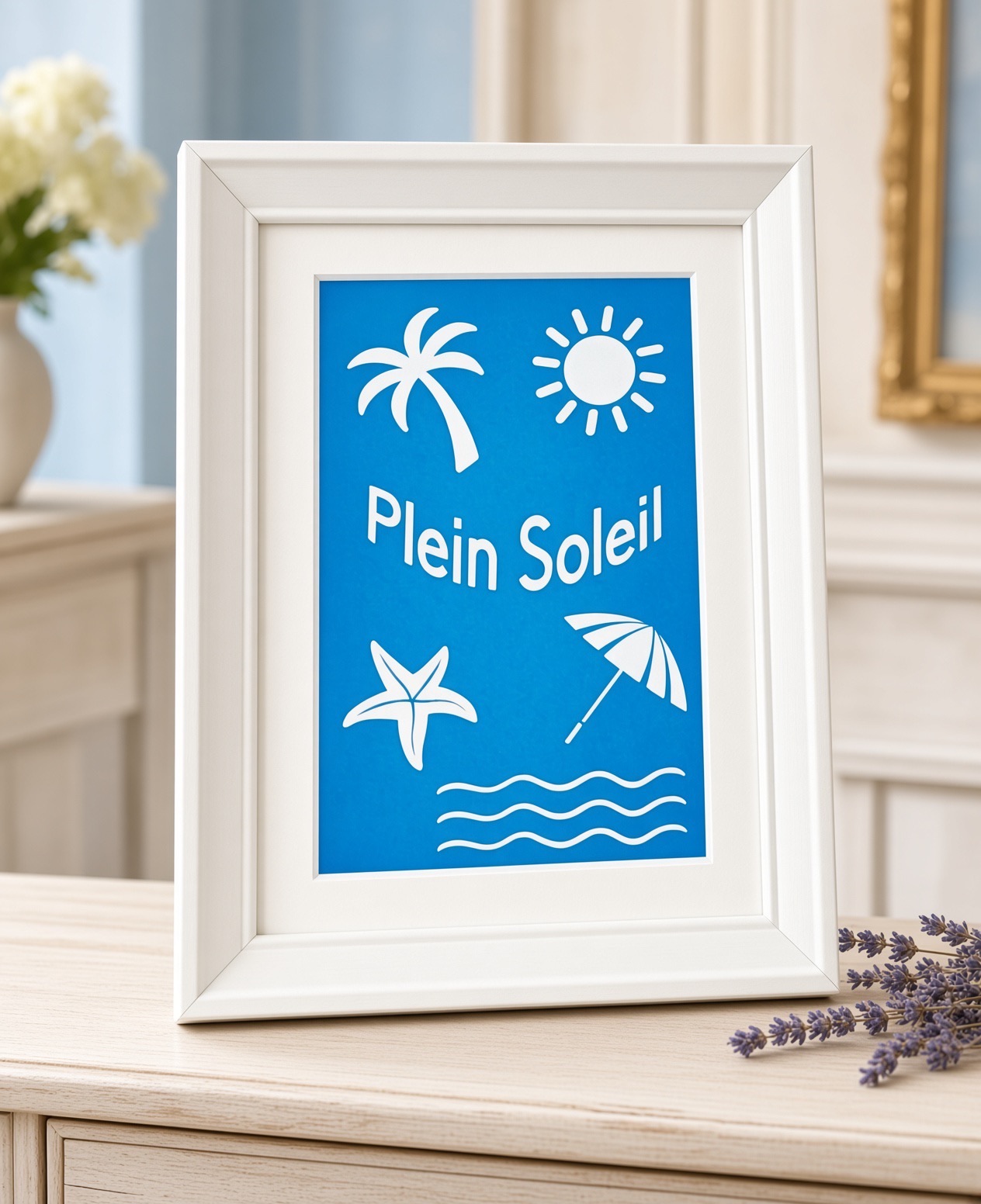 Tableau artisanal Plein Soleil — Palmier, cadre 15×21×2 cm Blanc, FLAMINGO ART, fait main en France